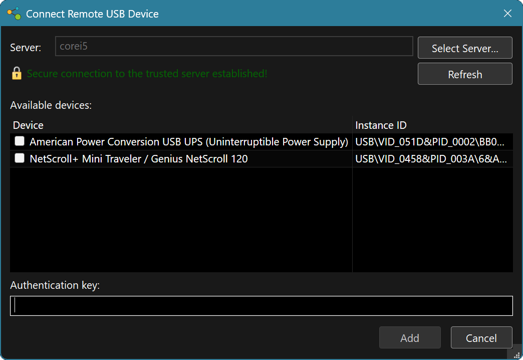 Add USB Device dialog screenshot